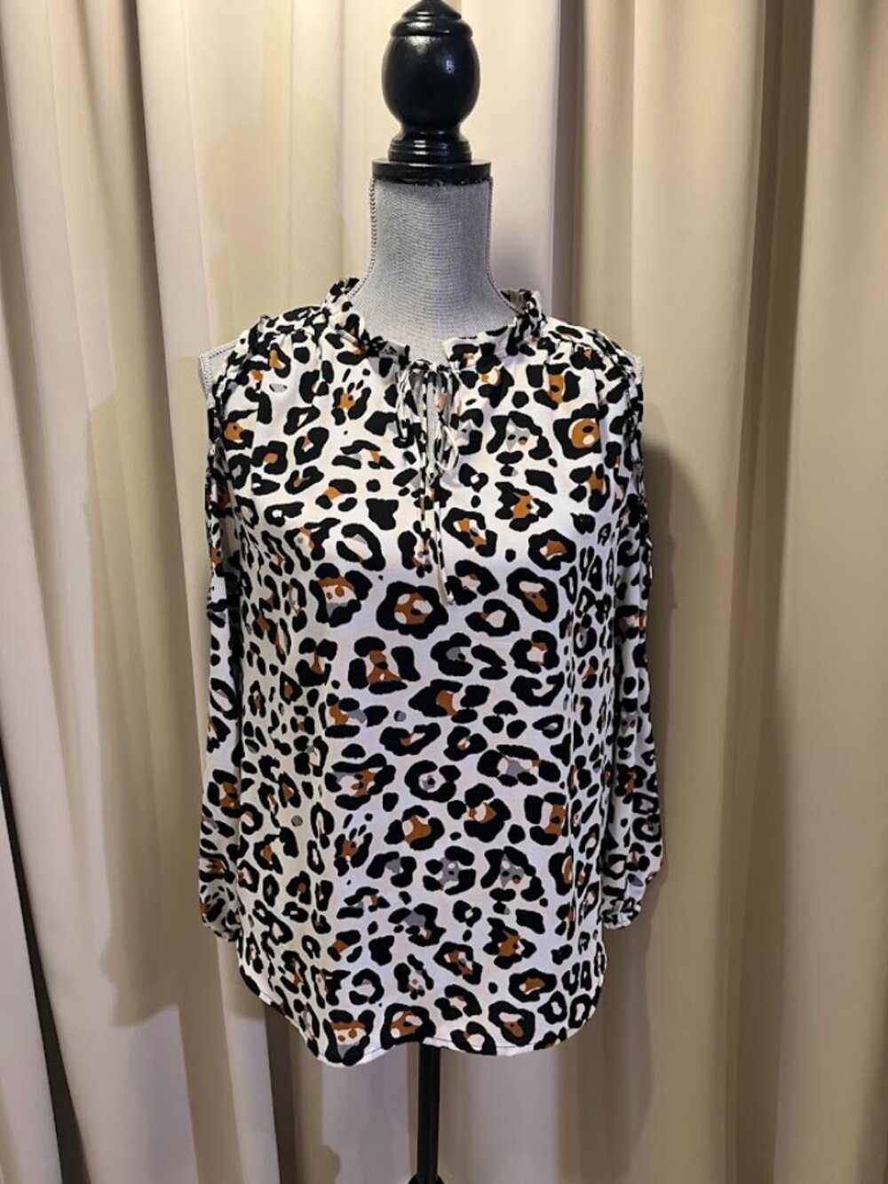 Cooper & Ella Leopard Woven Polyester Cold Should Long Sleeve Blouse